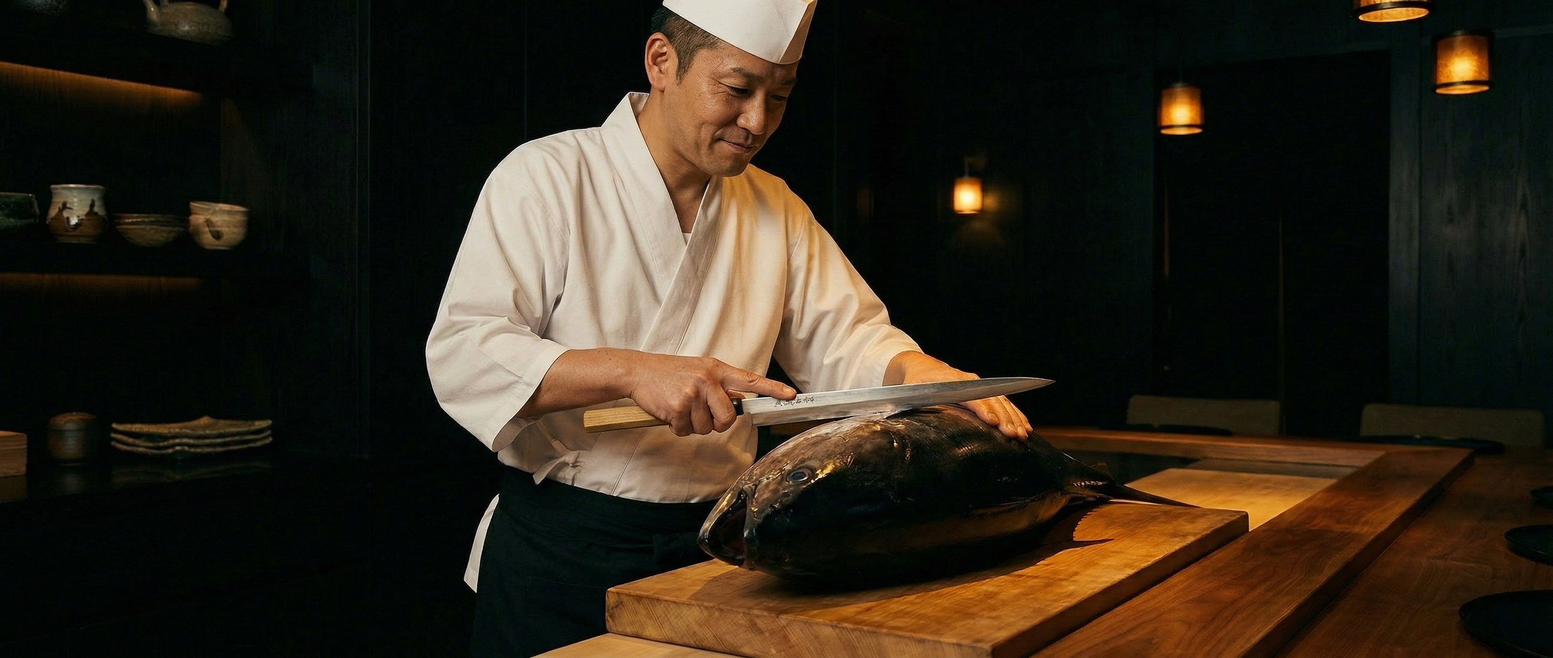 Master chef performing tuna cutting ceremony